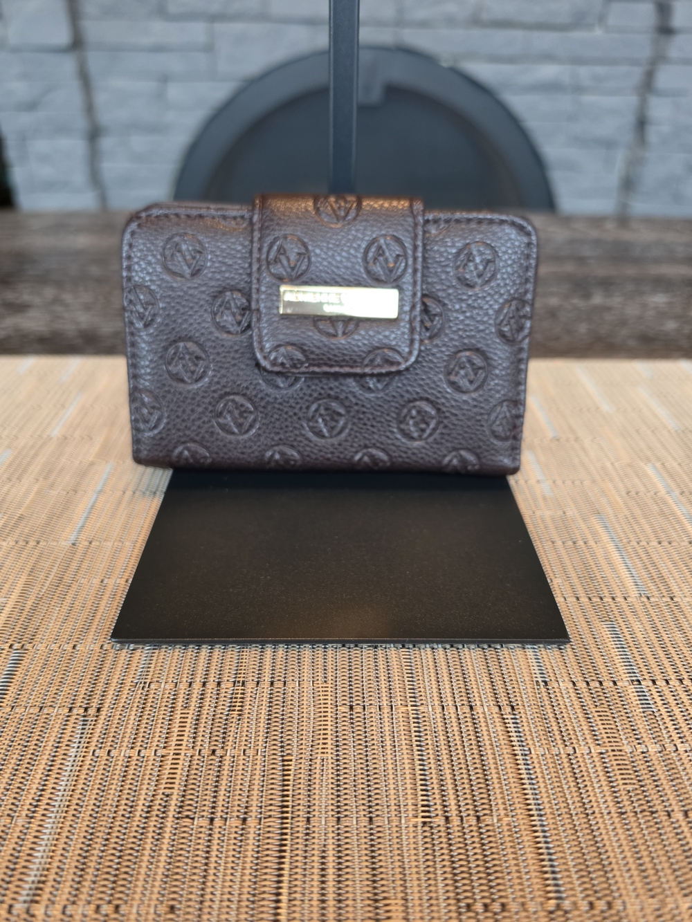 Adrienne Vittadini Embossed Logo Compact Wallet in Dark Brown with Gold Plate